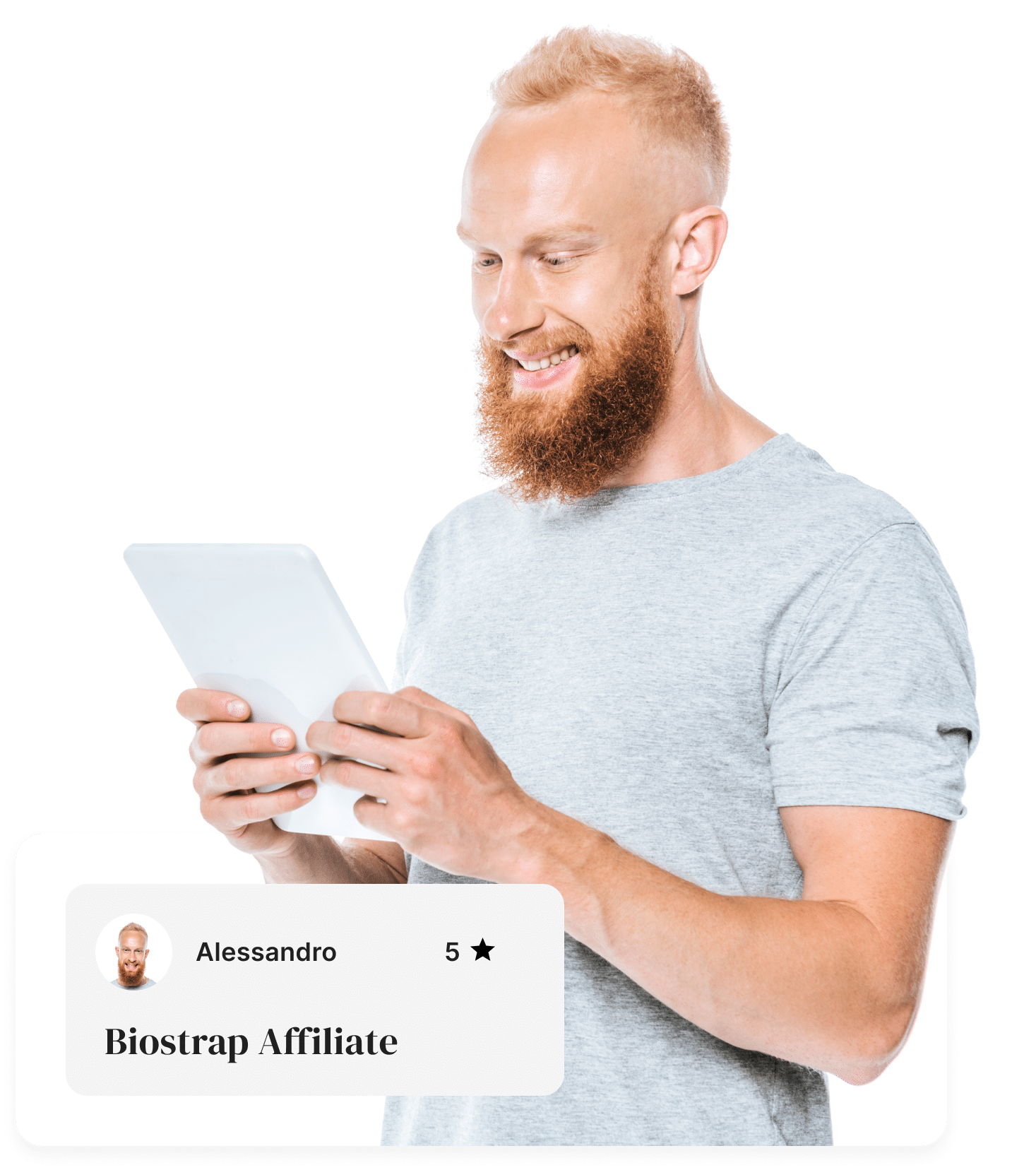A bearded man wearing a grey t-shirt smiles as he looks at a tablet. In the foreground, a card displays "Alessandro," "5 stars," and "SENSR Affiliate.