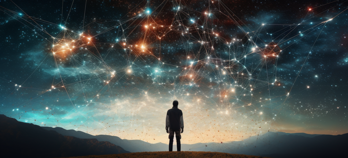 A person stands on a hill at night, looking at a sky filled with interconnected glowing nodes and lines, resembling a network. Mountains are visible in the background. This serene moment captures the essence of HRV, illustrating the delicate balance of stress resilience in nature.